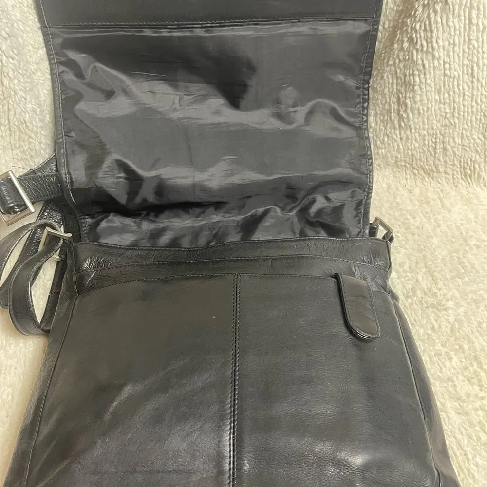 Latico Classic Black Leather Messenger Bag silver tone hardwares.